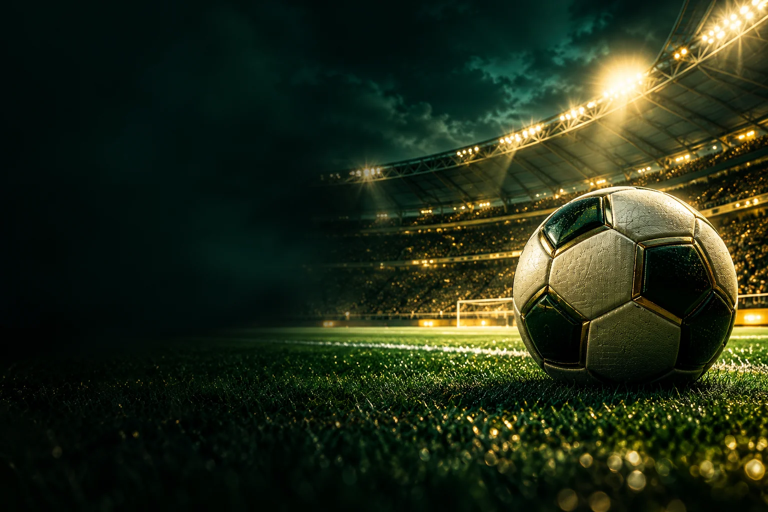 Işıklandırılmış futbol stadyumu ve futbol topu